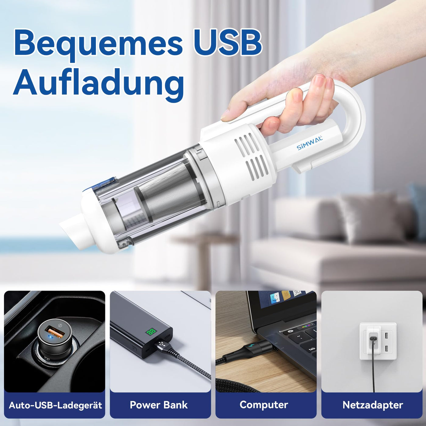 SIMWAL Auto Handstaubsauger Akku Kabellos - 9500PA stark tragbar Mini Staubsauger - 30Min Laufzeit USB aufladbar Autostaubsauger mit Waschbar HEPA Filter LED Beleuchtung für Haus, Küche, Büro