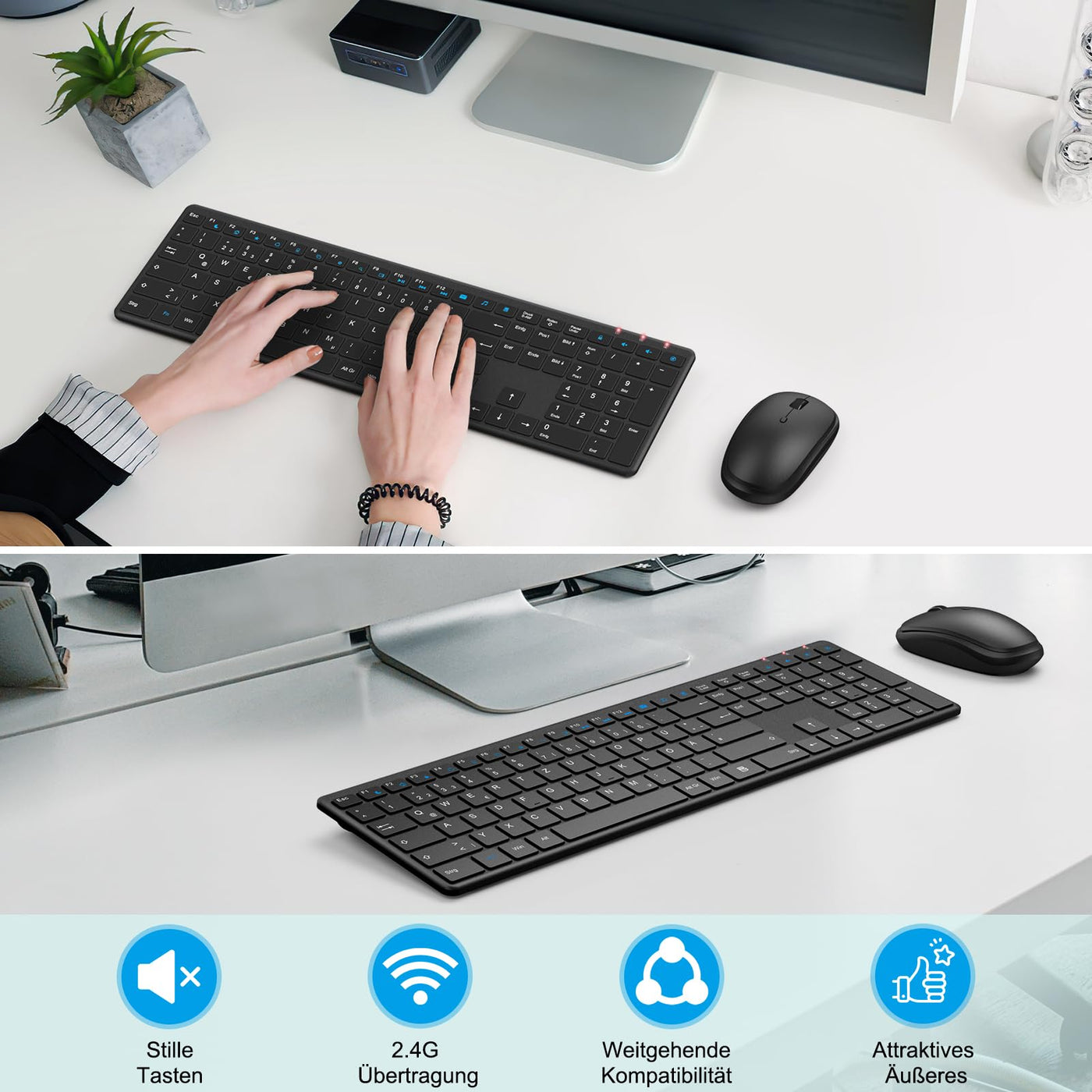 Tastatur Maus Set Kabellos, QCen 2,4GHz UltraDünn Kabellose Tastatur und Maus, Ergonomisch Funktastatur in Standardgröße mit 19 Sondertasten und einen Nummernblock, für PC, Laptop, Deutsches Layout