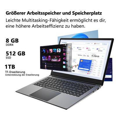 16-Zoll-Laptop, tragbarer Laptop mit 8GB DDR und 512GB SSD,erweiterbar auf 1 TB.Pentium-Quad-Core-Prozessor bis zu 2,64 GHz.9000-mAh-Akku.Mini-HDMI-Schnittstelle.Dualband-WLAN.Webcam.Schlanke Laptops
