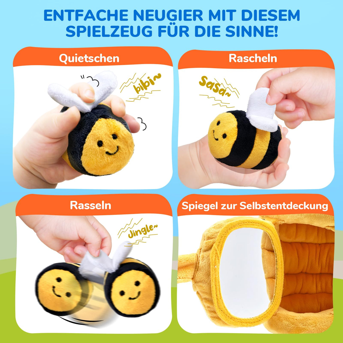 JoyCat Baby Spielzeug 6-12 Monate, Baby Bienenstock mit 5 Bienen Sensorik Spielzeug, Rassel, Spiegel, Montessori BabySpielzeug, Motorikspielzeug Geschenke für Kinder 1 2 Jahre