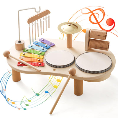 Mamimami Home Musikinstrumente für Kinder ab 1 Jahr ,Trommel Set ,Montessori Lernspielzeug Schlagzeug Mit Xylophon Baby Holz,7 In 1,Musical Spielzeug