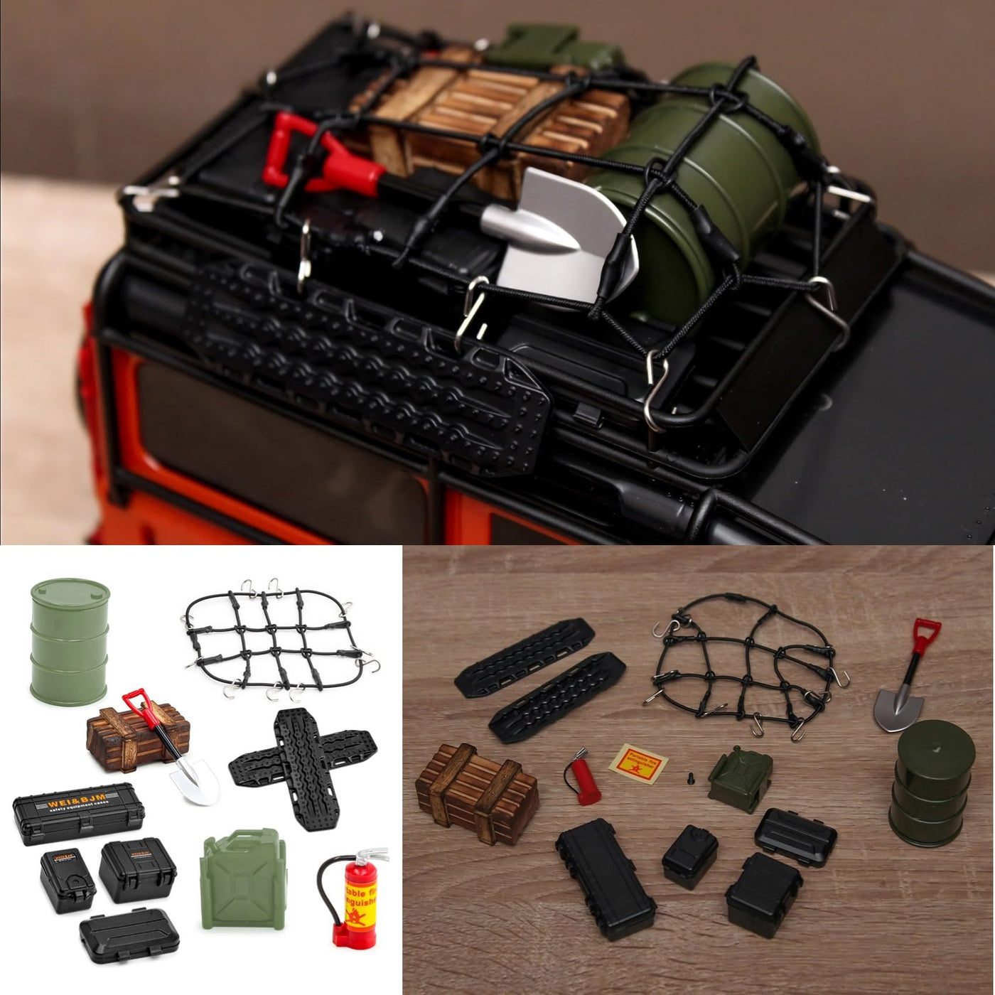 Ezweiji RC Crawler Car Dachdekoration 12-in-1 Tankaufbewahrungsbox, Gepäcknetz, Schaufel, Für Traxxas Desert Racer Slash Axial 1/18 TRX4M 1/24 SCX24 RC Crawler Car Truck Dachträger (Schwarz+Grün)