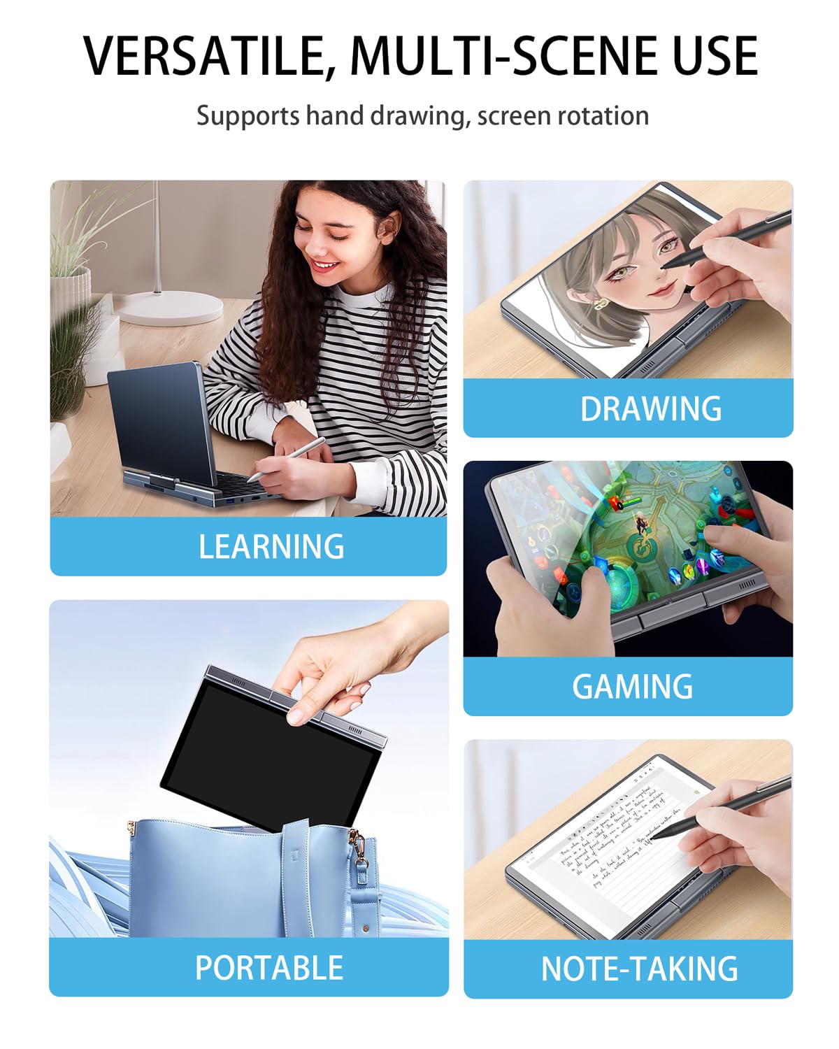 8-Zoll 2-in-1 Mini-Laptop mit QWERTZ-Tastatur, drehbarem HD-Touchscreen & Stiftunterstützung, Windows 11 Pro, N150, 12GB RAM, 1TB SSD, Wi-Fi 6, BT 5.2, HDMI, Typ-C, 2MP Kamera