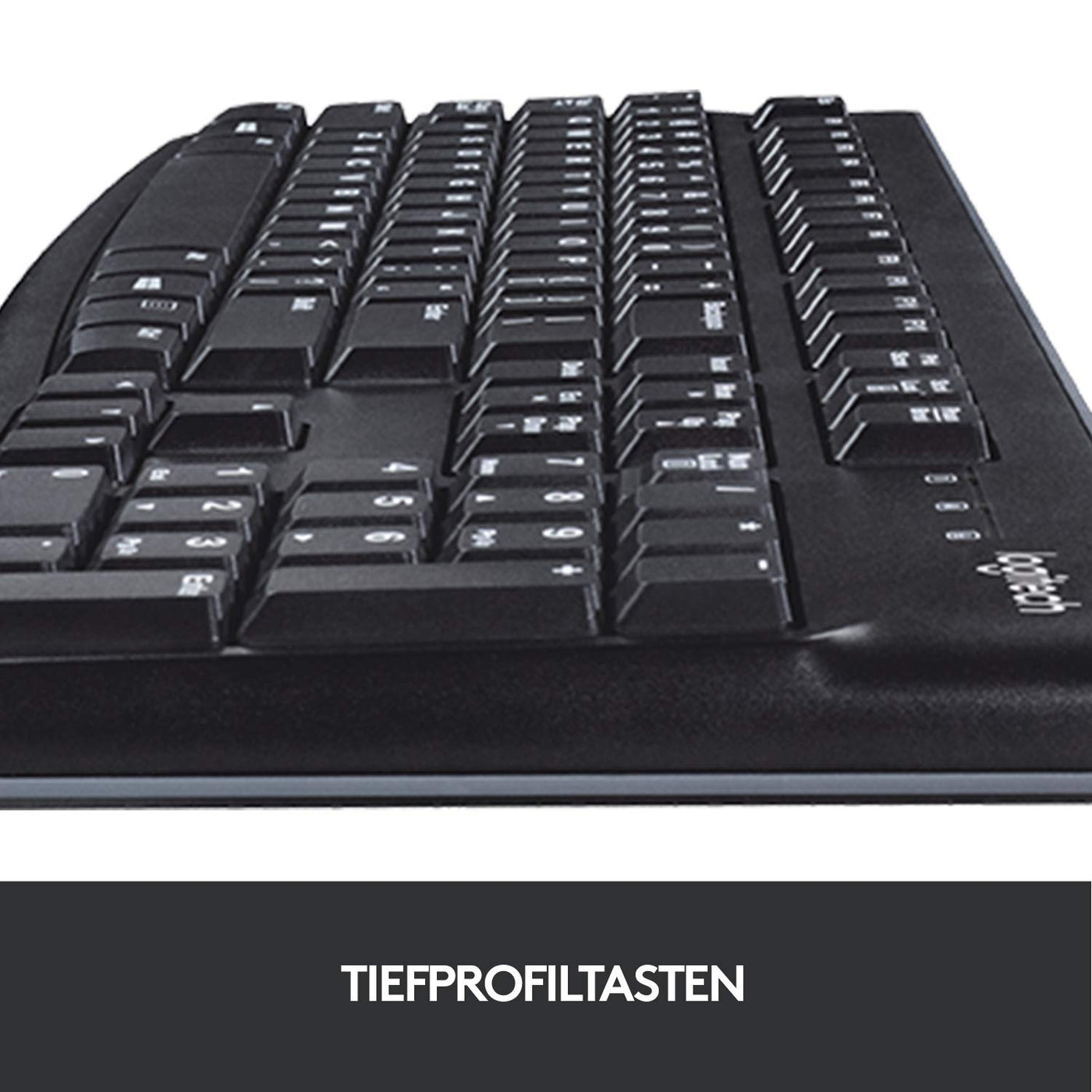 Logitech K120 Kabelgebundene Business Tastatur für Windows und Linux, USB-Anschluss, Leises Tippen, Robust, Spritzwassergeschützt, Tastaturaufsteller, Deutsches QWERTZ-Layout - Schwarz