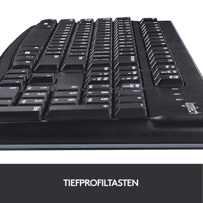 Logitech K120 Kabelgebundene Business Tastatur für Windows und Linux, USB-Anschluss, Leises Tippen, Robust, Spritzwassergeschützt, Tastaturaufsteller, Deutsches QWERTZ-Layout - Schwarz