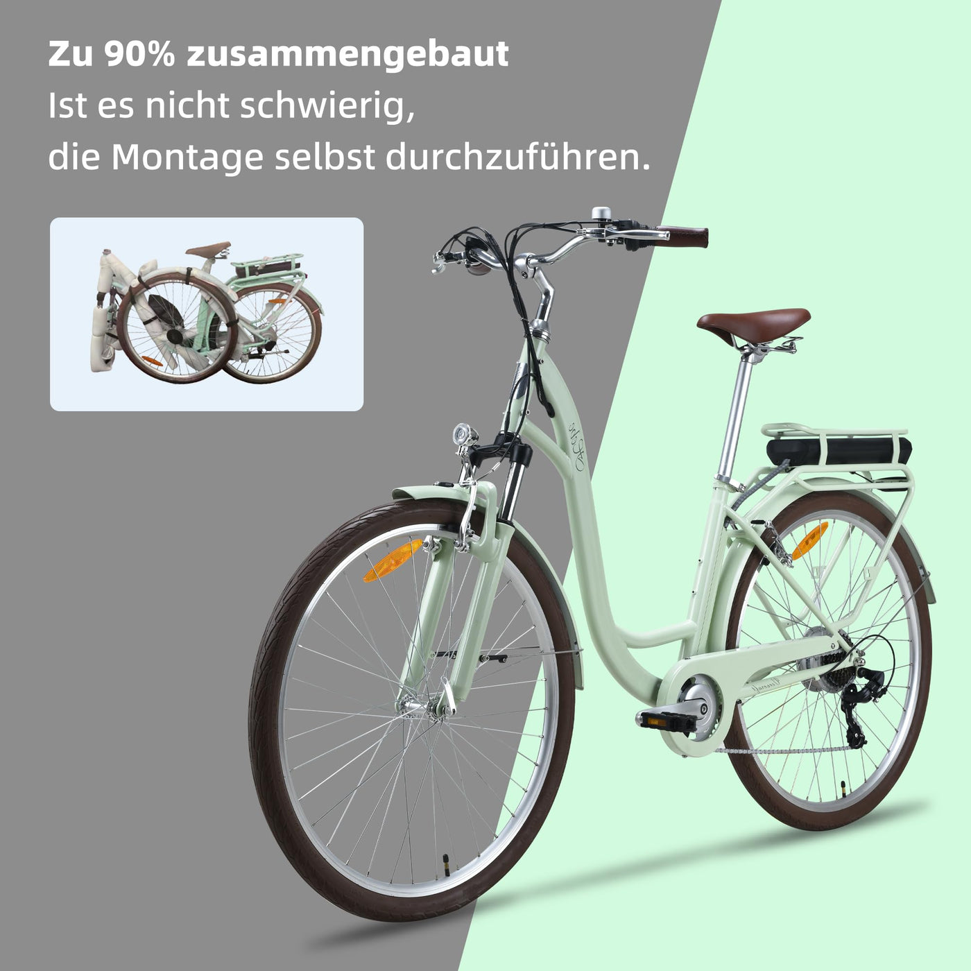 VecoCraft E-Bike City Elektrofahrrad für Herren und Damen 28 Zoll 7-Gang-Modus 3 Fahrmodi mit 10 Ah Akku 36V 250W Heckmotor RH 46 cm (Olivgrün)