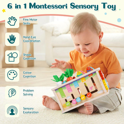 LZDMY Montessori Spielzeug Baby ab 6 Monate, 6-in-1 Tücherbox mit Knistertuch, Motorikwürfel Holzspielzeug 6-12 Monate Jungen Mädchen, Motorikspielzeug für Kinder 1-3, Baby Geschenk