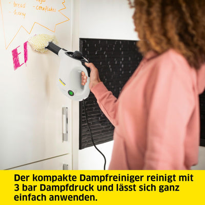 Kärcher Dampfreiniger SC 1, Dampfdruck: 3 bar, Aufheizzeit: 3 min., Leistung: 1.200 W, Flächenleistung: 20 m², Tank: 200 ml, mit Hand-, Punktstrahl- und Powerdüse, Mikrofaser-Überzug und Rundbürste