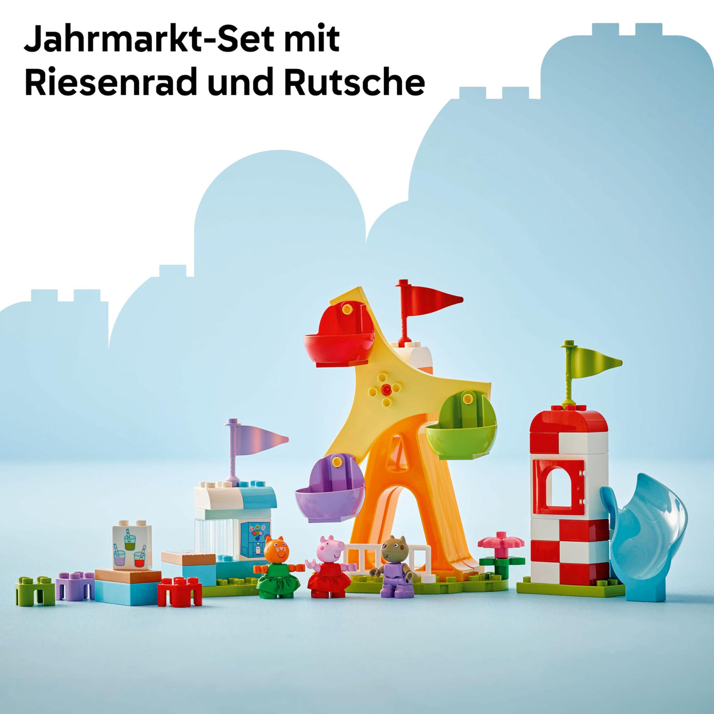 LEGO DUPLO Peppa Wutz Jahrmarkt - Montessori Spielzeug - Motorikspielzeug für Kinder ab 2 Jahren - Vorschule Spiele mit Riesenrad, Rutsche & 3 Figuren inkl. Mollie Mieze & Klausi Kläff 10453
