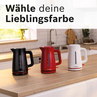 Bosch kabelloser Wasserkocher MyMoment TWK3M124, Abschaltautomatik, Überhitzungsschutz, Tassenanzeige, beidseitige Wasserstandsanzeige, entnehmbarer Kalkfilter, 1,7 L, 2400 W, Rot matt