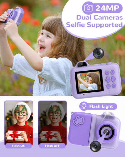 JoJoego Kinderkamera Sofortbildkamera, 2,4-Zoll 24MP Kinder Digitalkamera mit Selfie,1080P HD Dual-Kamera, 32GB Speicherkarte, 5 Rollen Druckerpapier, Geschenk für Kinder von 3-12 Jahren, Lila