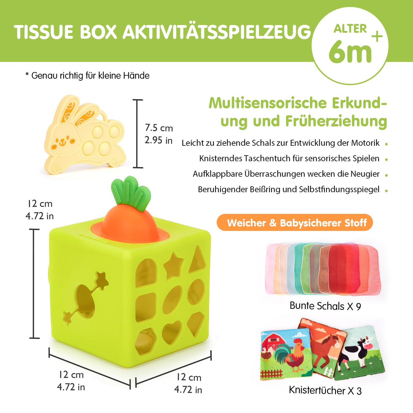 hahaland Baby Spielzeug 6 Monate - Silikon Tücher Box, Montessori Tücherbox Baby Sensorik Spielzeug, 6-in-1 Busy Würfel mit Tüchern, Spiegel, Beißring,Geschenk für Babyspielzeug ab 6 9 12 Monate