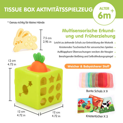 hahaland Baby Spielzeug 6 Monate - Silikon Tücher Box, Montessori Tücherbox Baby Sensorik Spielzeug, 6-in-1 Busy Würfel mit Tüchern, Spiegel, Beißring,Geschenk für Babyspielzeug ab 6 9 12 Monate