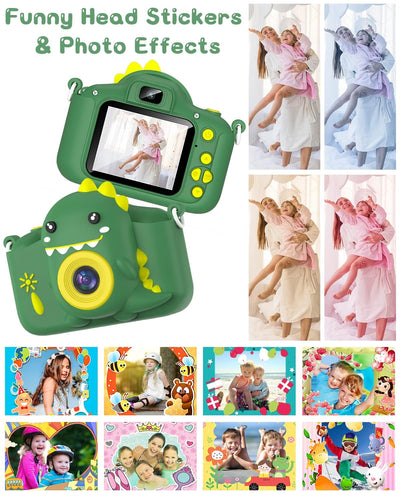 Kinderkamera, Gofunly Kinder Kamera 1080P 2,0-Zoll-Bildschirm Fotoapparat mit 32GB-Karte Selfie Digitalkamera Fotokamera für 3-12 Jahre Jungen und Mädchen Weihnachten Spielzeug - Grün Dinosaurier