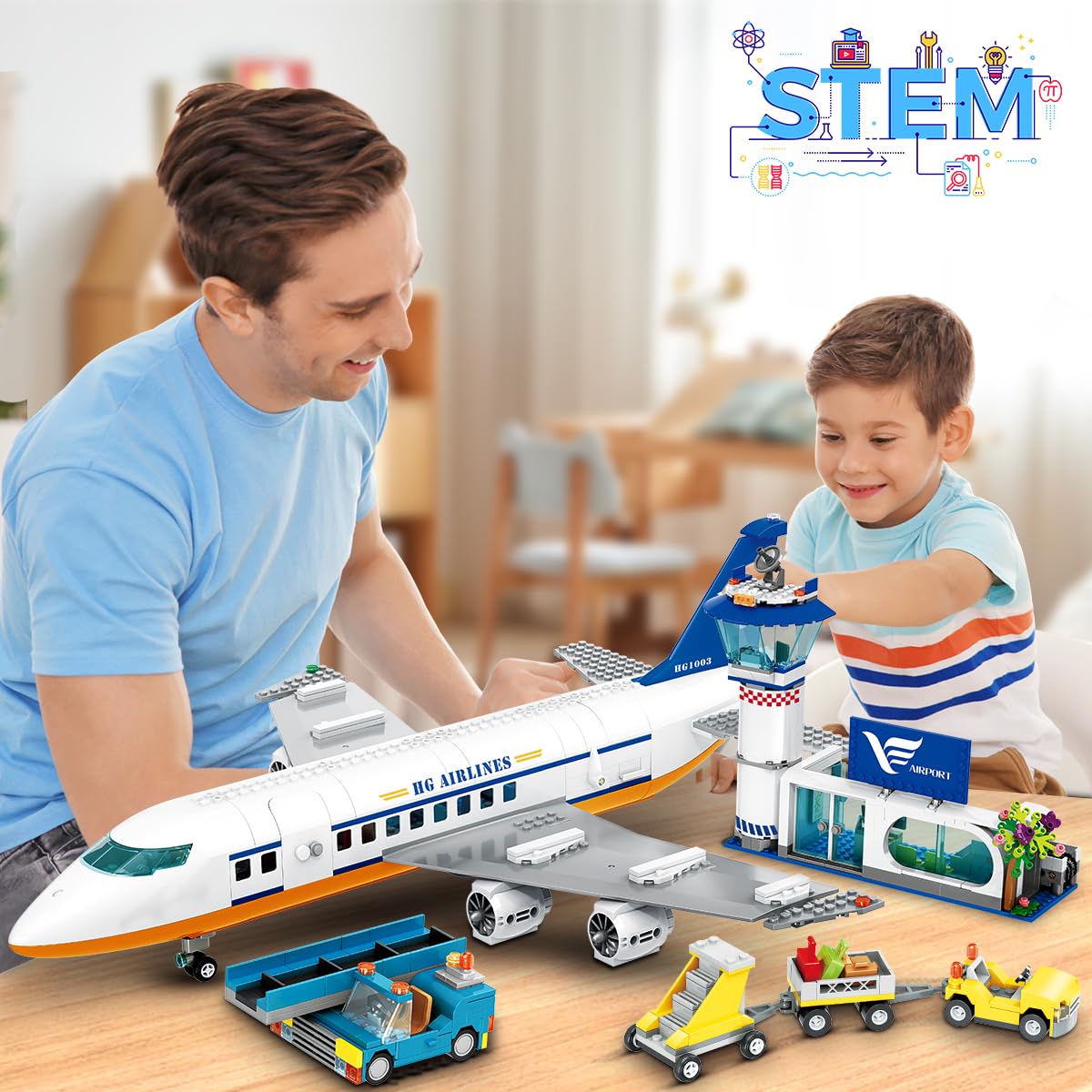 HOGOKIDS Passagierflugzeug Bauspielzeug Set mit LED Licht, 901 PCS Flugzeug Bausteine Spielzeug mit Terminal, Radarturm, Anhänger, Flugzeug-Modell Geschenke für Jungen Mädchen ab 6 7 8 9 10 Jahre
