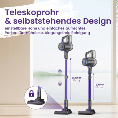 Suirviz Akku Staubsauger Kabellos, 40000Pa/500W/45Min Akkustaubsauger mit Selbststehender Funktion, Leichter Kabelloser Akkusauger mit grünem Licht für Hartböden, Teppiche, Tierhaare