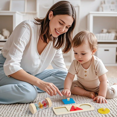 Atoylink Montessori Baby Spielzeug ab 0 3 6 9 Monate, Sensorik Spielzeug mit Spinning Drum & Regenmacher Baby & Steckpuzzle, Holzspielzeug Motorikspielzeug Babyspielzeug Geschenk 1 Jahr