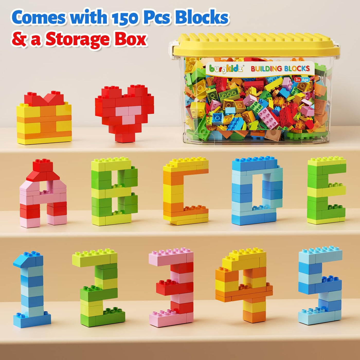 burgkidz Bausteine, 150 Farbenfrohe große Kreative Bauklötze mit Aufbewahrungsbox, die Kinder zum Bauen Anregen Zahlen und Alphabet, Konstruktionsspielzeug für Jungen Mädchen ab 3+ Jahre