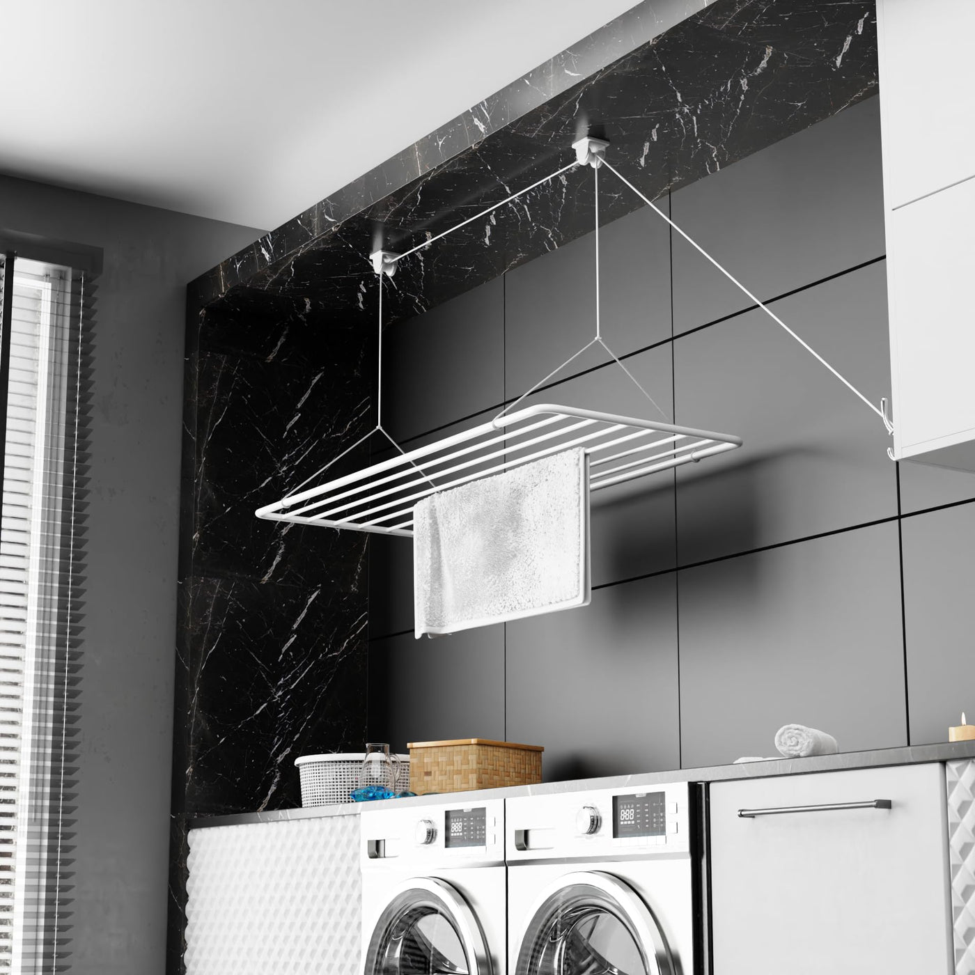 Wäscheständer Decke 140x50cm, Wäscheständer Platzsparend mit 11.2 Metern Trocknungsoberfläche, Wäscheständer Badewanne, Vertikal Zusammenklappbar 2.5 Meter, Deckenwäschetrockner aus Metall, Weiß
