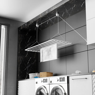 Wäscheständer Decke 140x50cm, Wäscheständer Platzsparend mit 11.2 Metern Trocknungsoberfläche, Wäscheständer Badewanne, Vertikal Zusammenklappbar 2.5 Meter, Deckenwäschetrockner aus Metall, Weiß
