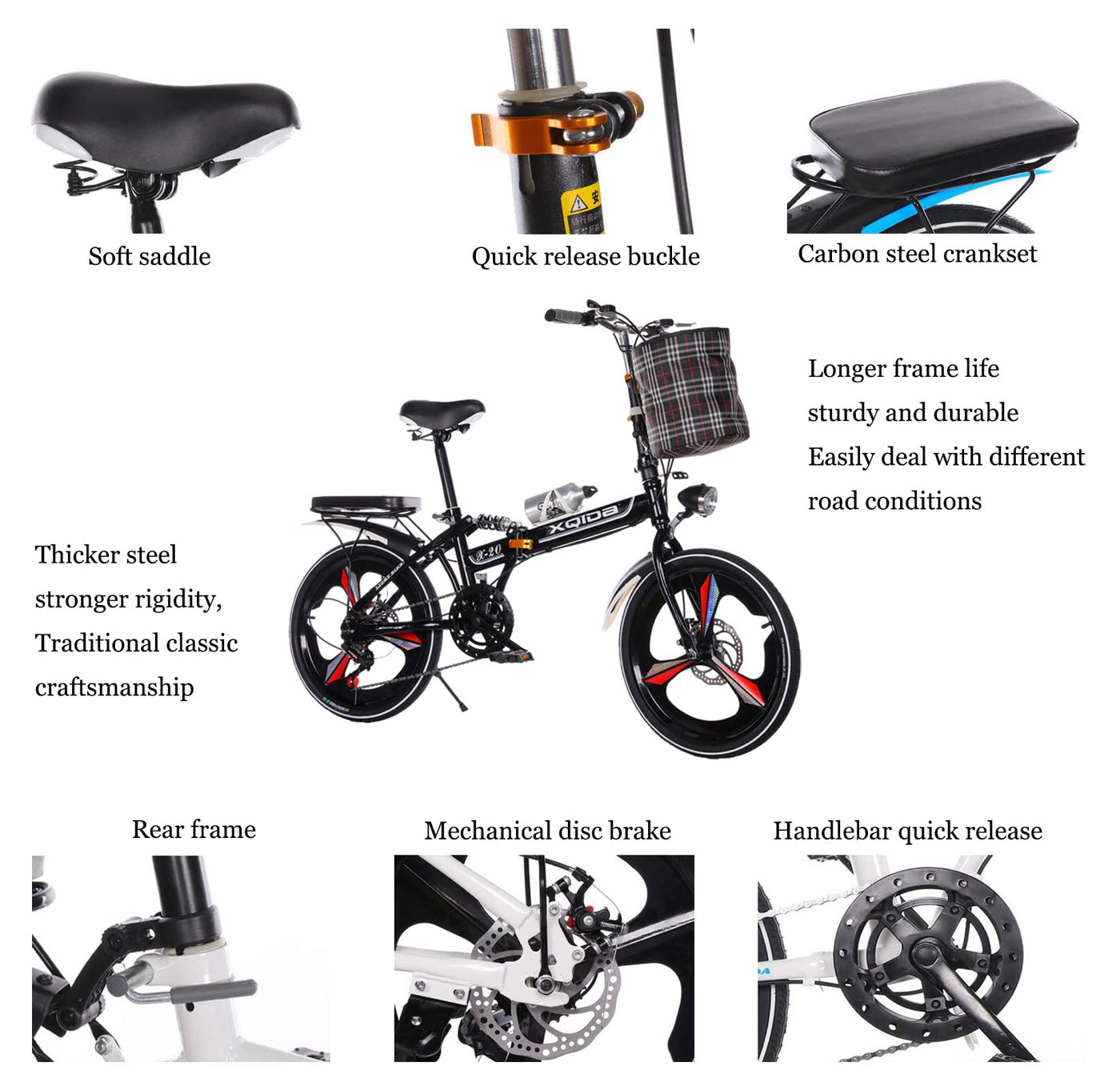 klapprad 20 zoll Erwachsene,6-Gang-Antrieb,leichter Aluminiumrahmen,faltbares kompaktes Fahrrad Doppelte Stoßdämpfung vorne und hinten,stabiles Fahren,rutschfester und verschleißfester Reifen/Schwarz