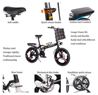 klapprad 20 zoll Erwachsene,6-Gang-Antrieb,leichter Aluminiumrahmen,faltbares kompaktes Fahrrad Doppelte Stoßdämpfung vorne und hinten,stabiles Fahren,rutschfester und verschleißfester Reifen/Schwarz