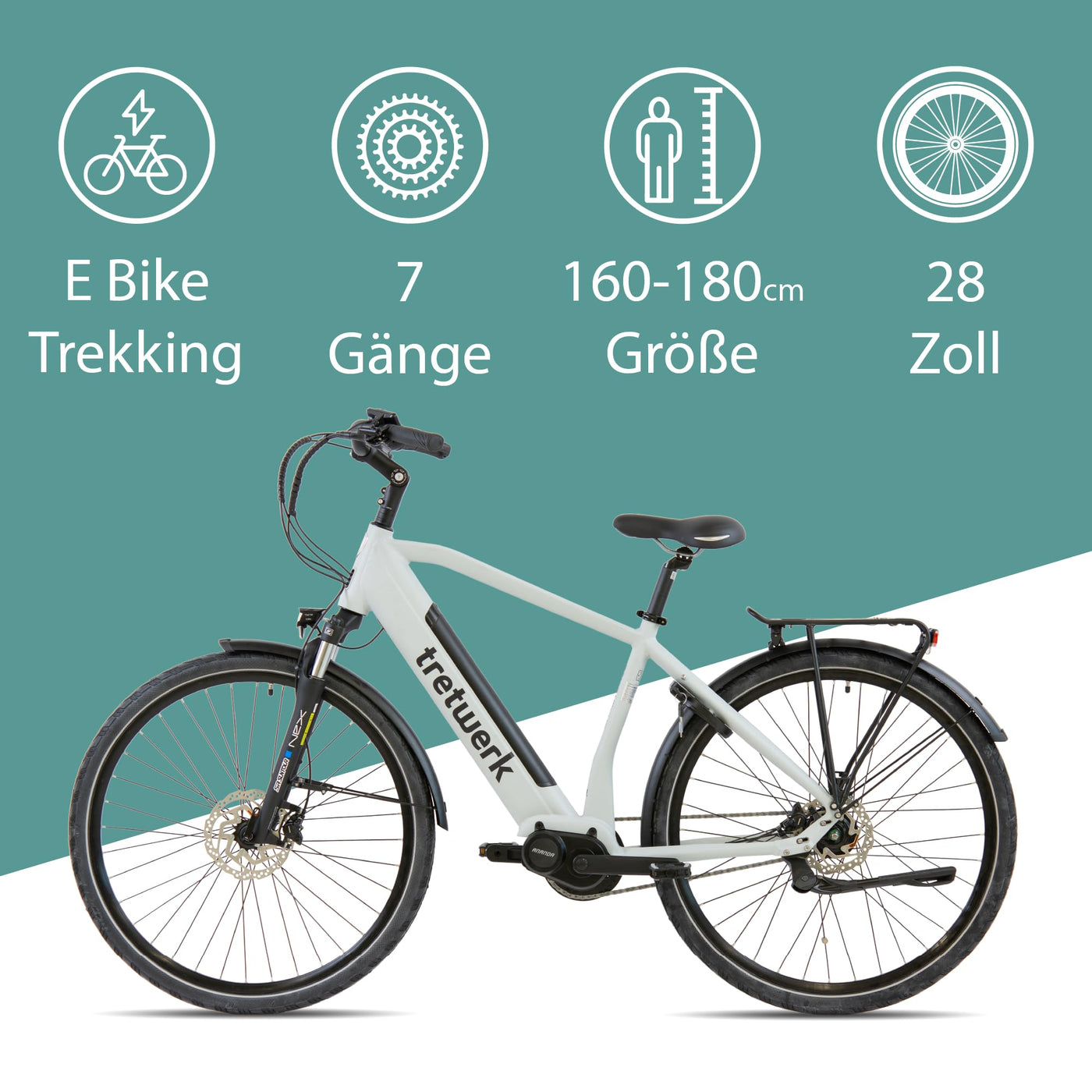 TRETWERK 28 Zoll E-Bike Herren Cityrad - Sonic Nexus - Pedelec Herrenfahrrad mit 7 Gang Nabenschaltung -Elektrofahrrad mit Mittelmotor - weiß 50cm