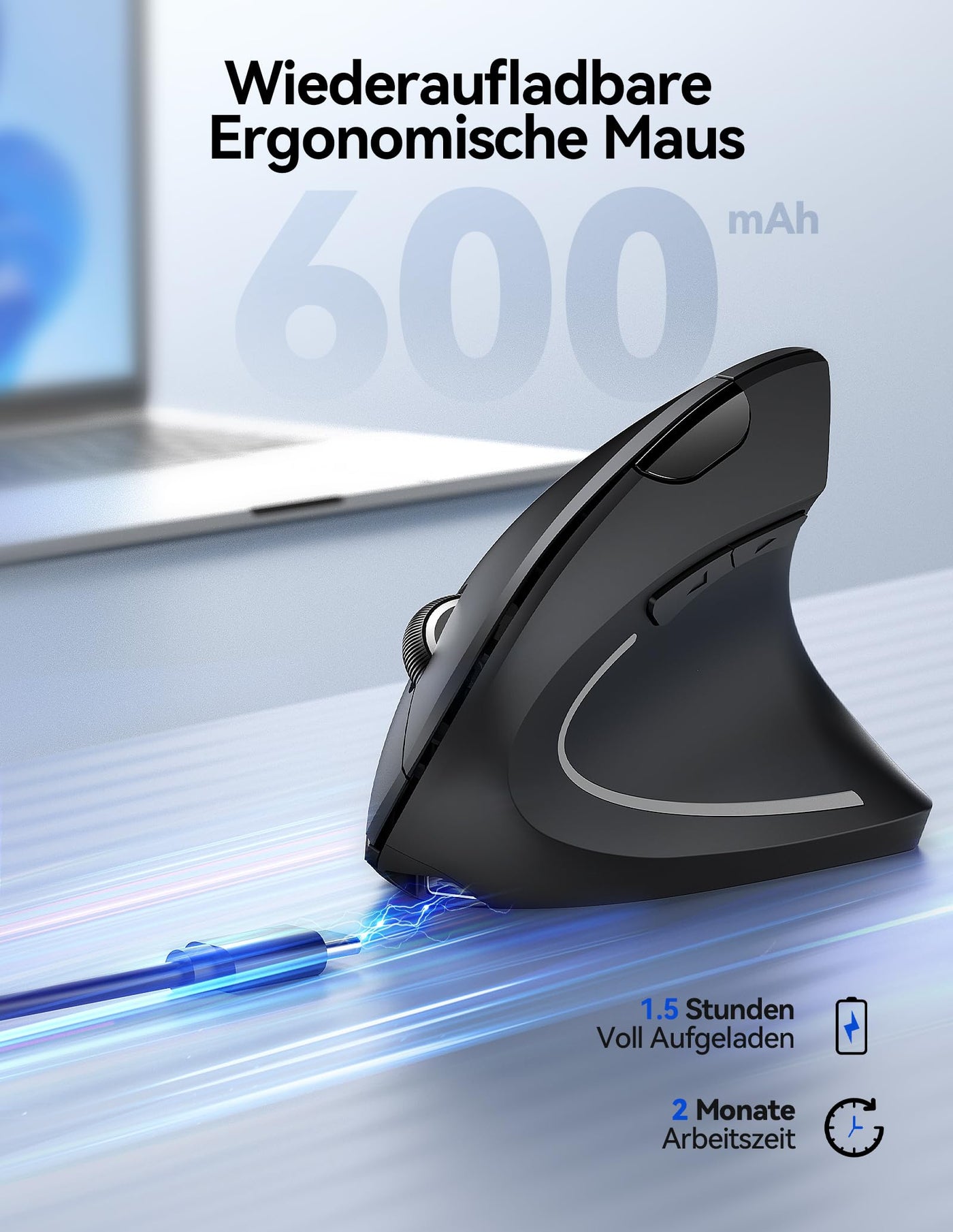 TECKNET Wiederaufladbar Ergonomische Maus Kabellos, 2.4G Optische Vertikale Maus Ergonomisch, 5 Einstellstufen bis 4800DPI, Leise Wireless Vertical Mouse mit 6 Tasten für Laptop, PC, Windows, Mac OS