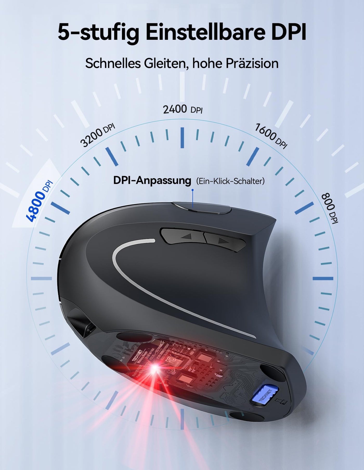 TECKNET Wiederaufladbar Ergonomische Maus Kabellos, 2.4G Optische Vertikale Maus Ergonomisch, 5 Einstellstufen bis 4800DPI, Leise Wireless Vertical Mouse mit 6 Tasten für Laptop, PC, Windows, Mac OS