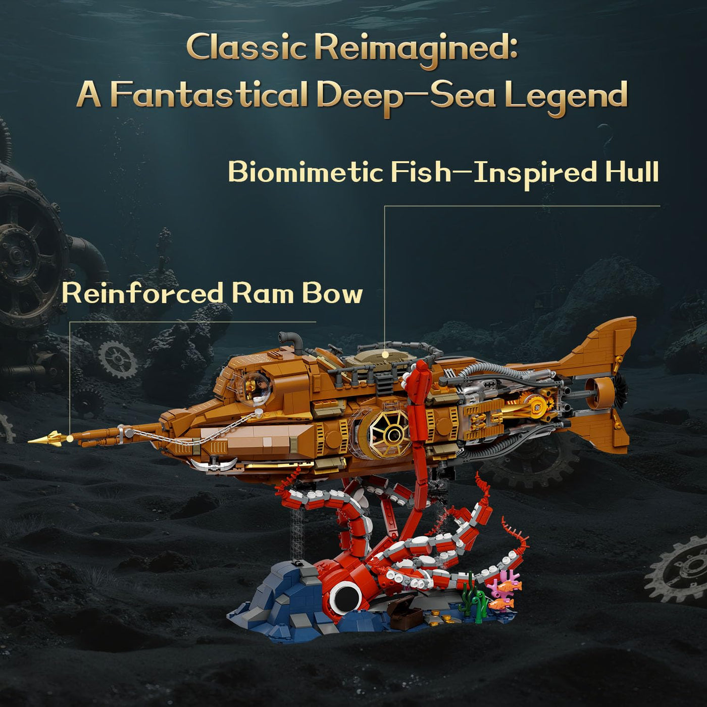 PANTASY Steampunk Nautilus U-Boot Klemmbausteine Set, Modulares 3-Sektionen-Design mit Zahnrad-Propeller, Mini-Boot & Unterwasser-Abenteuerszene, Retro Mechanisches Sammlermodell für Erwachsene