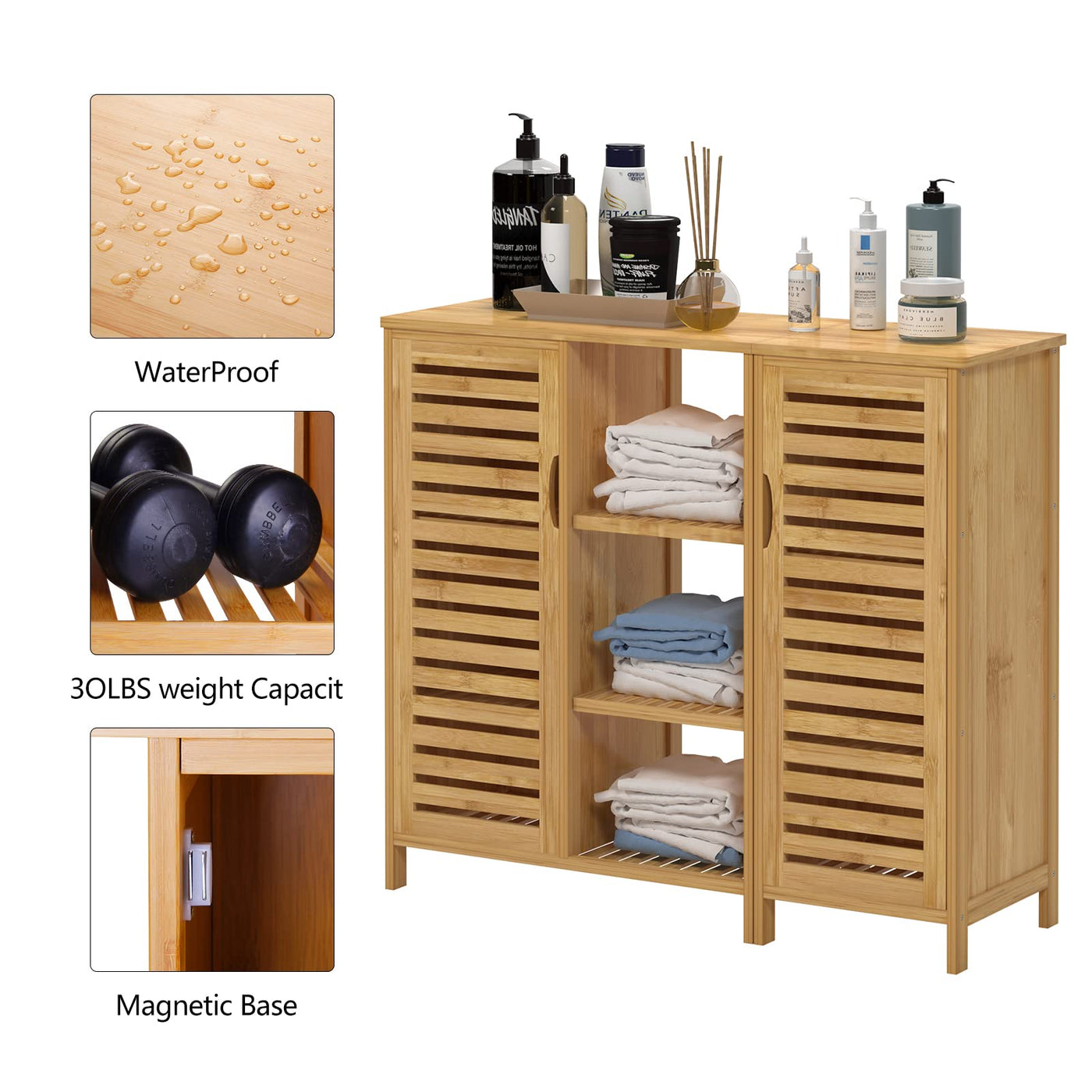 sogesfurniture Badschrank Bambus, Badezimmerschrank, Beistellschrank mit 4 Ablagen und 2 Lamellentüren Aufbewahrungsschrank für Badezimmer, Wohnzimmer, Küche, 100x33x87cm