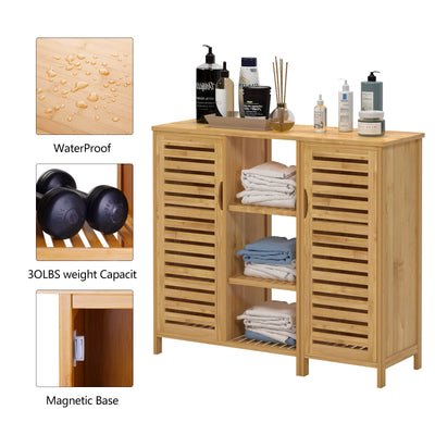 sogesfurniture Badschrank Bambus, Badezimmerschrank, Beistellschrank mit 4 Ablagen und 2 Lamellentüren Aufbewahrungsschrank für Badezimmer, Wohnzimmer, Küche, 100x33x87cm