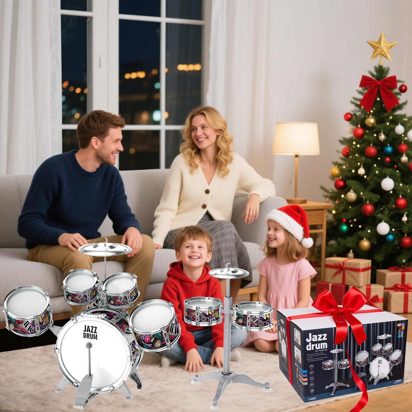 NUC Schlagzeug Kinder 7-teilig mit 2 Becken & Hocker - Trommel Set für Kinder ab 2, 3, 4, 5 Jahren - Musikinstrument, Leicht Aufzubauen & Platzsparend Geburtstag/Weihnachten