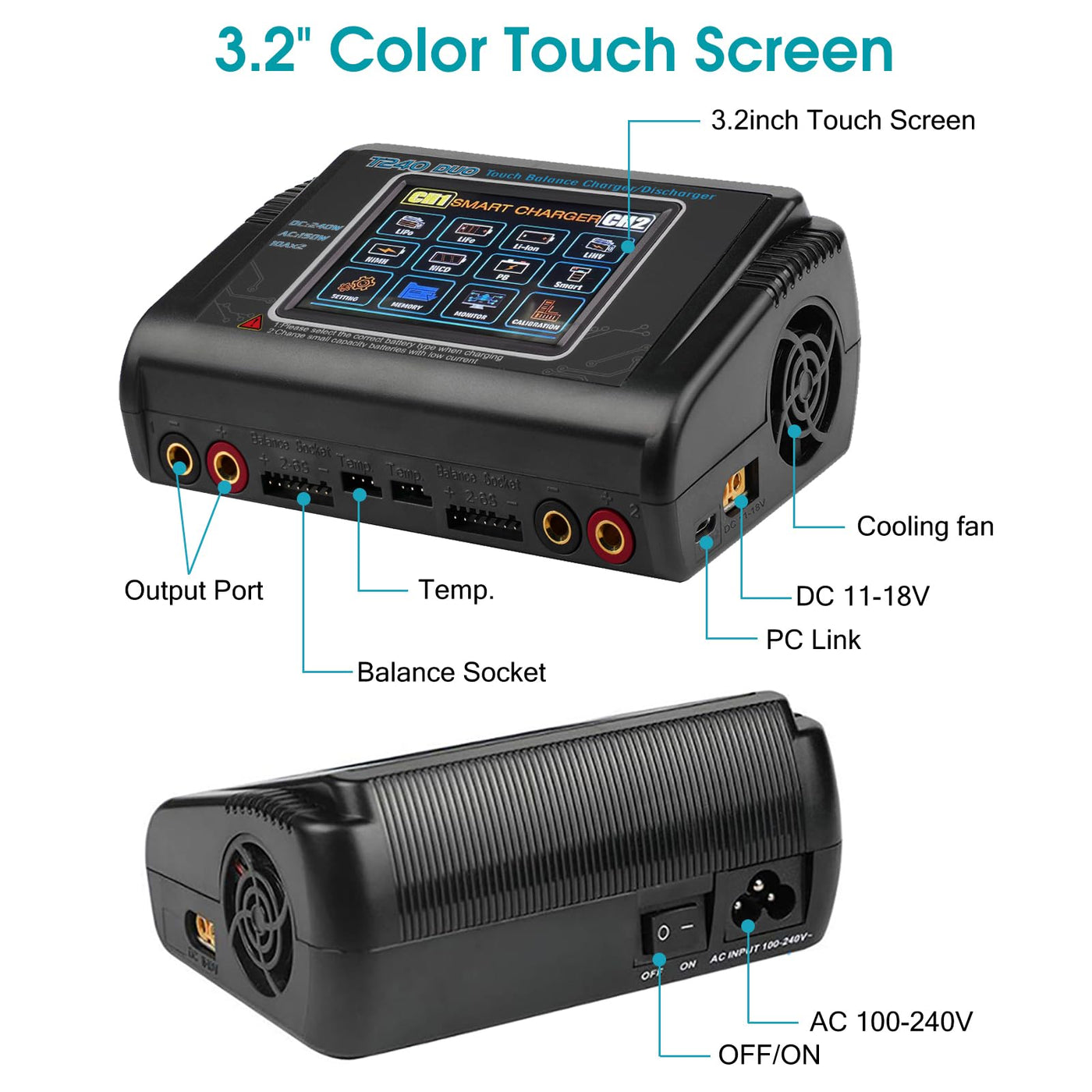 HTRC T240 Duo RC Balance Ladegerät/Entlader für Lilon LiPo Life LiHV NiCd NiMH PB Smart Batterie Dual-Multi-Ladegerät AC 150W / DC 240W 10A