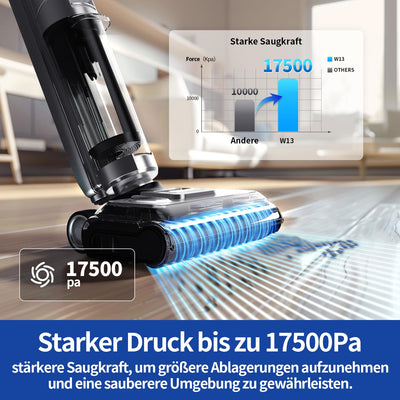Redkey W13 Nass Trockensauger kabellos, Kantenreinigungsbürste, akku Nass Trocken Staubsauger, Selbstreinigung & Selbsttrocknend, 17500Pa, 45min Laufzeit 900ml Wassertank für Hartböden, Tierhaare