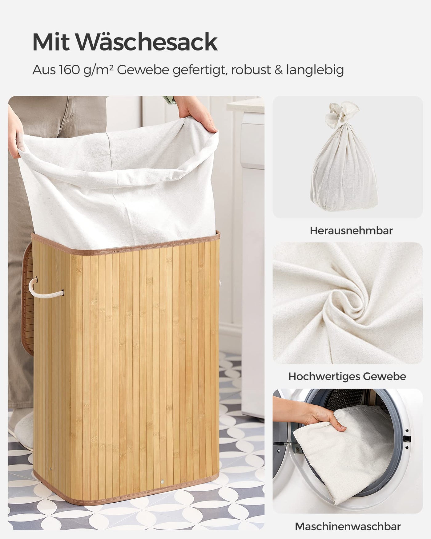 SONGMICS Wäschekorb mit Deckel, 72 L, Wäschekorb aus Bambus, faltbar, mit abnehmbarem waschbarem Beutel, Griffen, für Waschküche, Schlafzimmer, Holzfarbe LCB10Y