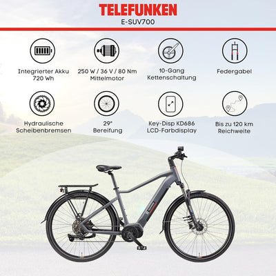 TELEFUNKEN E-Bike 29 Zoll Fahrrad für Damen & Herren | Pedelec SUV 10-Gang Kettenschaltung | Hydr. Scheibenbremsen | inkl. Panzerkabelschloss | Elektrofahrrad 250 W Mittelmotor |720 Wh Li-Ion-Akku