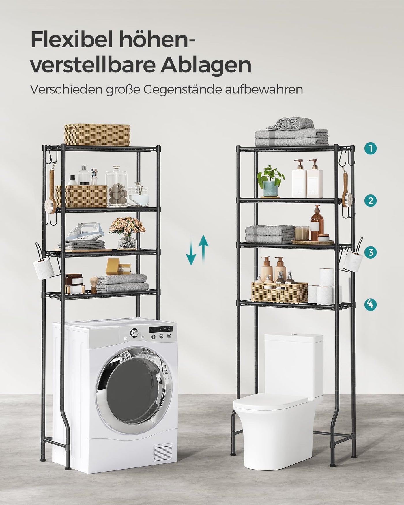 SONGMICS 4-stöckiges Toilettenregal, Badezimmerregal, Waschmaschinenregal, verstellbare Ablagen, mit Haken, Toilettenpapierhalter, platzsparend, 30 x 63 x 176 cm, schwarz BTS013B01