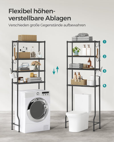 SONGMICS 4-stöckiges Toilettenregal, Badezimmerregal, Waschmaschinenregal, verstellbare Ablagen, mit Haken, Toilettenpapierhalter, platzsparend, 30 x 63 x 176 cm, schwarz BTS013B01