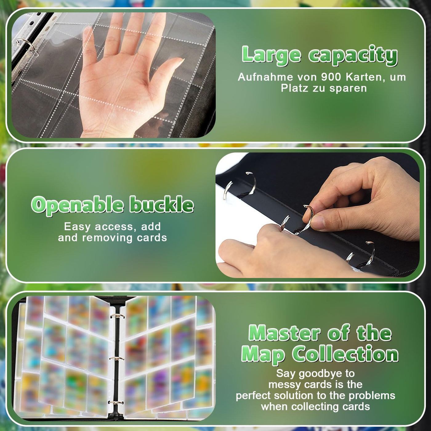 Sammelalbum für Karten, 50 Seiten 900 Karten Kapazität, Sammelkarten Album, Sammelmappe Karten Ordner Heft, Tragbar Reißverschlüsse Karten Halter, Geschenke für Sammler und Kinder