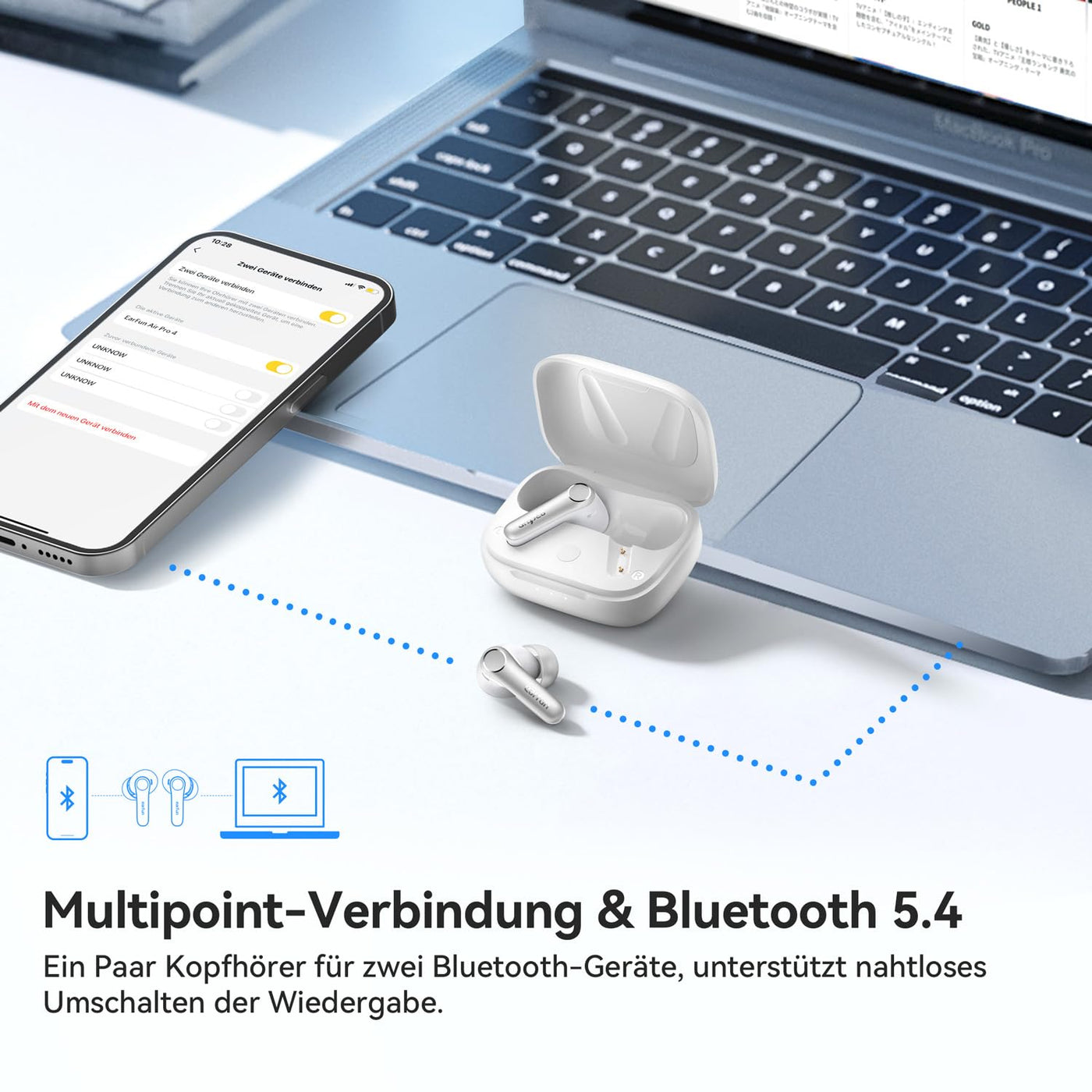 EarFun Air Pro 4 Bluetooth Kopfhörer mit Adaptive Hybride Geräuschunterdrückung, aptX Lossless, Hi-Res Audio, LDAC, 6 Mikrofone cVc 8.0 KI Anrufe, 52H Akku, Multipoint, Bluetooth 5.4, In Ear Detection