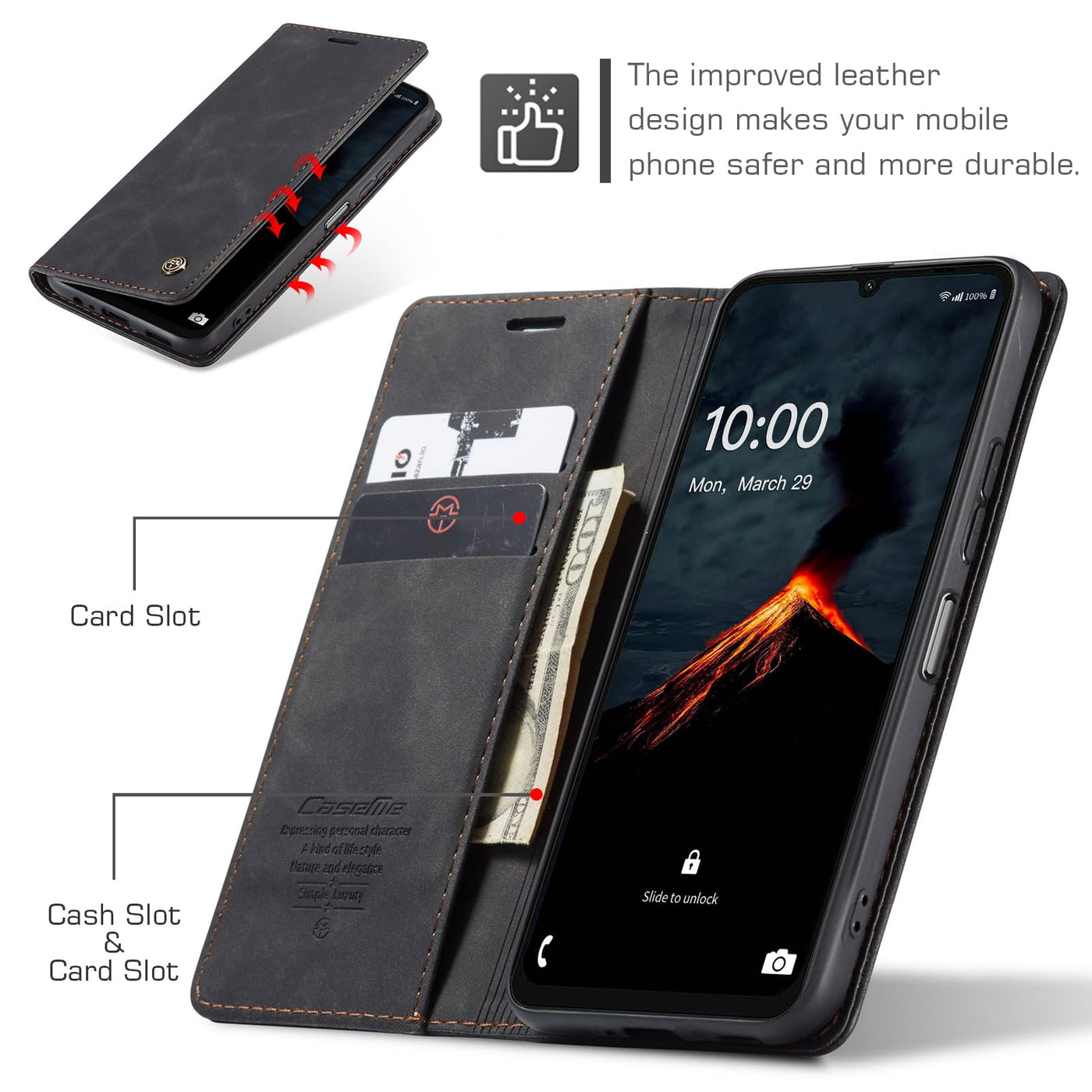 owlhold Hülle Samsung Galaxy A06 klapphülle Samsung A06 Premium Lederhülle Weiches Vintage-Nubukleder Faltbare Ständer Schutzhülle Kartenfach Standfunktion Handyhülle Samsung Galaxy A06 5G - Schwarz