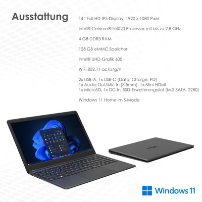 VALE V14E-4128D Notebook | 14" Full-HD IPS | Intel® Celeron® N4020 Prozessor | 4 GB RAM | 128 GB eMMC + M.2 SSD Slot | Windows 11 Home (V14E-4128D)