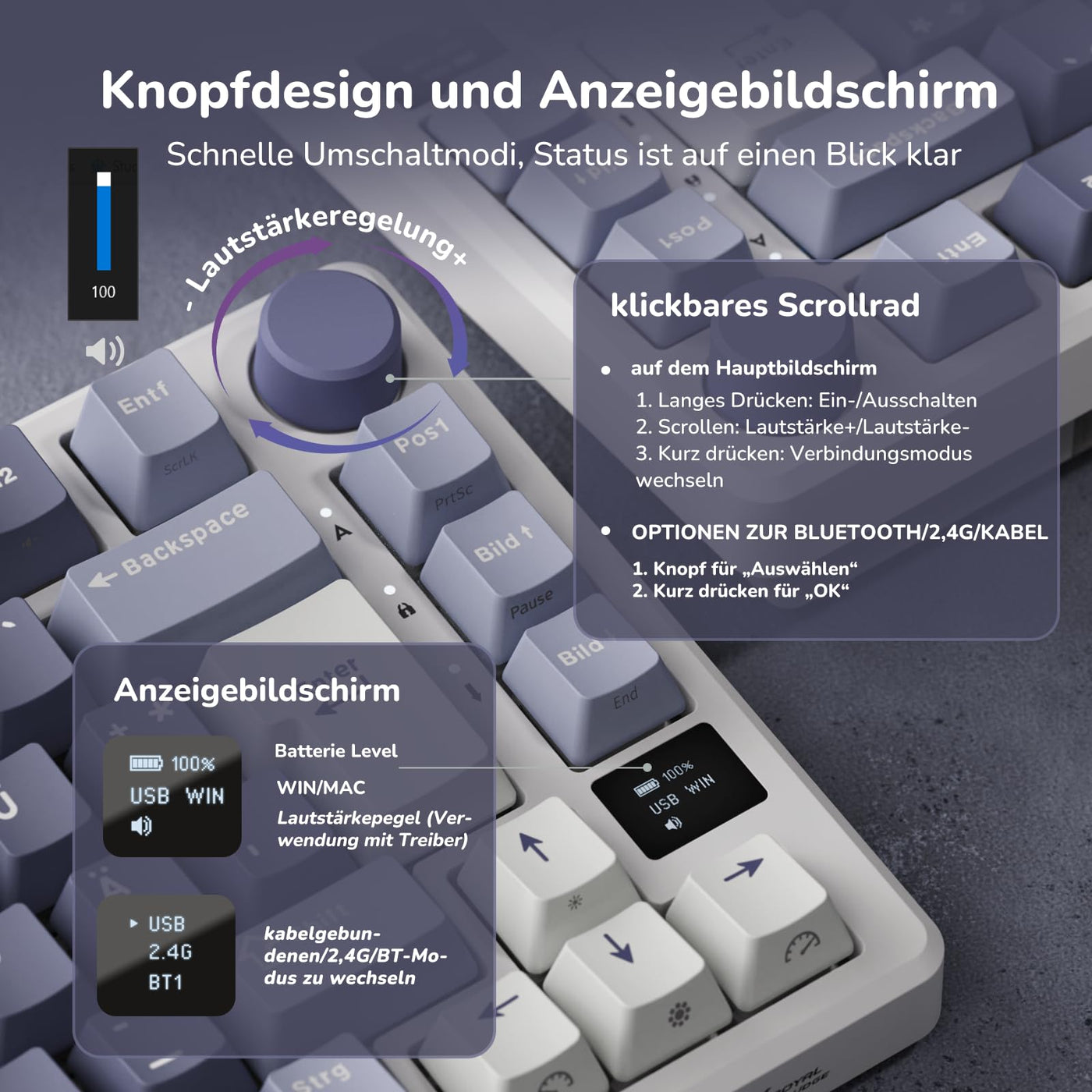 RK ROYAL KLUDGE M75 Gaming Tastatur kabellos 75% TKL Mechanische Tastatur RGB 2,4 GHz Wireless/Bluetooth/USB-C QWERTZ mit OLED-Smart-Display und Knopf Hot Swappable Braune Schalter, Lavendelviolett