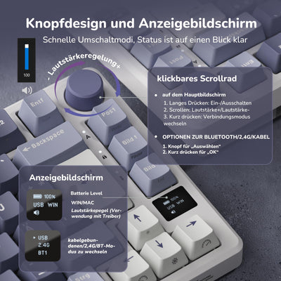 RK ROYAL KLUDGE M75 Gaming Tastatur kabellos 75% TKL Mechanische Tastatur RGB 2,4 GHz Wireless/Bluetooth/USB-C QWERTZ mit OLED-Smart-Display und Knopf Hot Swappable Braune Schalter, Lavendelviolett
