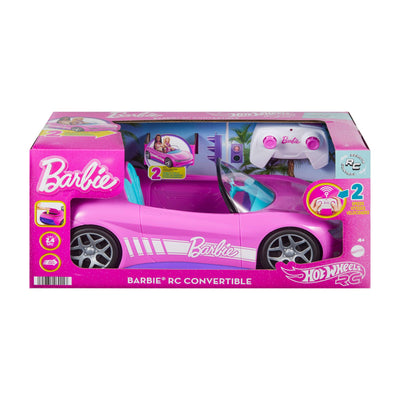 Hot Wheels Barbie Spielzeugauto, ferngesteuertes pinkfarbenes Cabrio, Platz für 2 Barbie-Puppen und Kofferraum lässt sich zum Aufbewahren öffnen, Stickerbogen für Gestaltungsmöglichkeiten, JBH05
