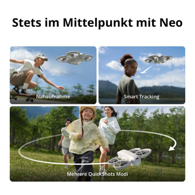 DJI Neo mit Zubehör, Mini Drohne mit Kamera 4K, 135g Selbstfliegende Drohne, Follow me funktion, Handstart, KI-Motivverfolgung, QuickShots (Ladestecker)