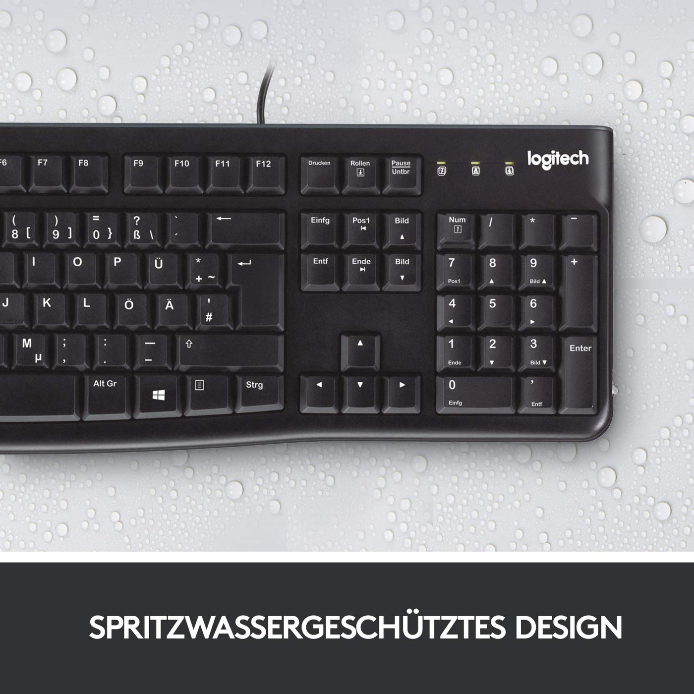 Logitech K120 Kabelgebundene Business Tastatur für Windows und Linux, USB-Anschluss, Leises Tippen, Robust, Spritzwassergeschützt, Tastaturaufsteller, Deutsches QWERTZ-Layout - Schwarz