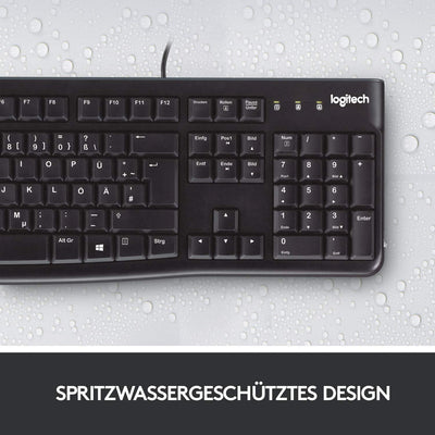 Logitech K120 Kabelgebundene Business Tastatur für Windows und Linux, USB-Anschluss, Leises Tippen, Robust, Spritzwassergeschützt, Tastaturaufsteller, Deutsches QWERTZ-Layout - Schwarz