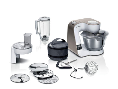 Bosch Küchenmaschine Serie 4 MUM5XW20, Edelstahl-Schüssel 3,9 L, integrierte Waage, Mixer 1,25 L, Profi-Knethaken, Schnee-, Silikonbesen, Durchlaufschnitzler, 4 Scheiben, 1000 W, Weiß/Silber